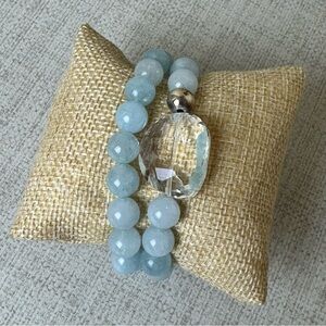 Blue agate bracelet set with crystal quartz focal bead sterling silver accent